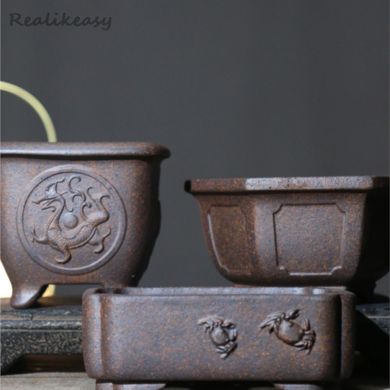 Japanese Garden Bonsai - กระถางดอกไม้ทรายสีม่วงกระถางต้นไม้บอนไซทรงหกเหลี่ยมกระถางต้นไม้ทำมือดอกกุหลาบหินเซรามิกสไตล์ย้อนยุคของจีน